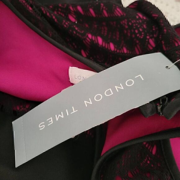 London Times Dark Pink & Black Abstract Lace Top Color Block Short Dress NEW - Picture 8 of 11